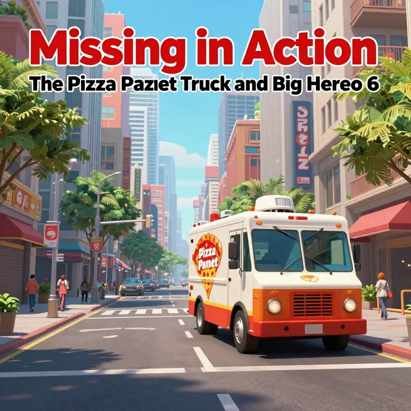 The vibrant setting of San Fransokyo, notably missing the iconic Pizza Planet Truck.