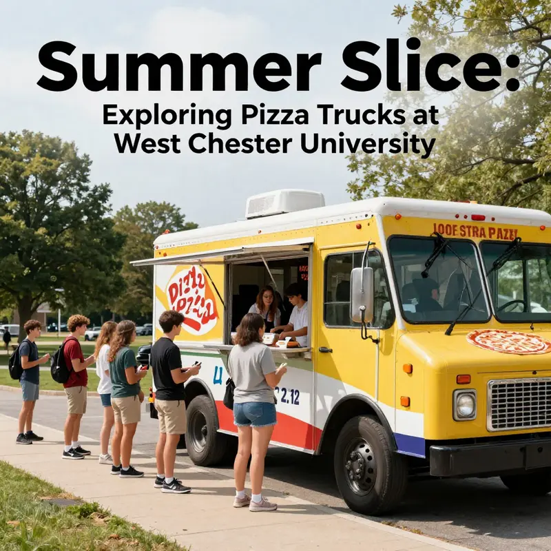 A vibrant pizza truck on West Chester University’s campus, serving students during a sunny summer day.