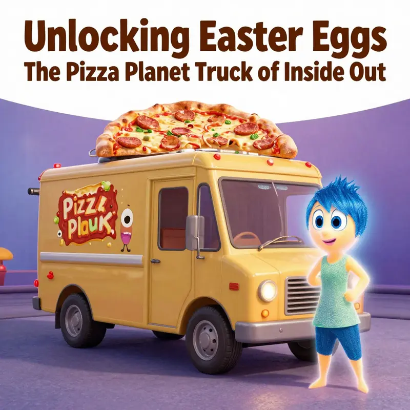 The origami Pizza Planet Truck beside Joy’s bed in Inside Out, showcasing Pixar’s creativity.