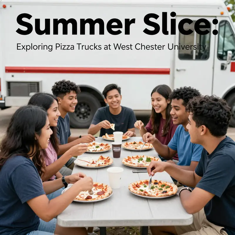 A vibrant pizza truck on West Chester University’s campus, serving students during a sunny summer day.
