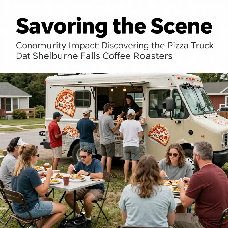 A lively pizza truck scene at Shelburne Falls Coffee Roasters, showcasing the local food culture.