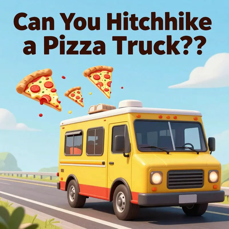 A cartoon pizza truck driving with pizza slices in the air, representing the playful concept of hitchhiking a pizza truck.