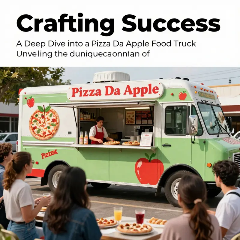 A lively food truck named 'Pizza Da Apple' with colorful apple-themed decorations, serving delicious pizza to a crowd.