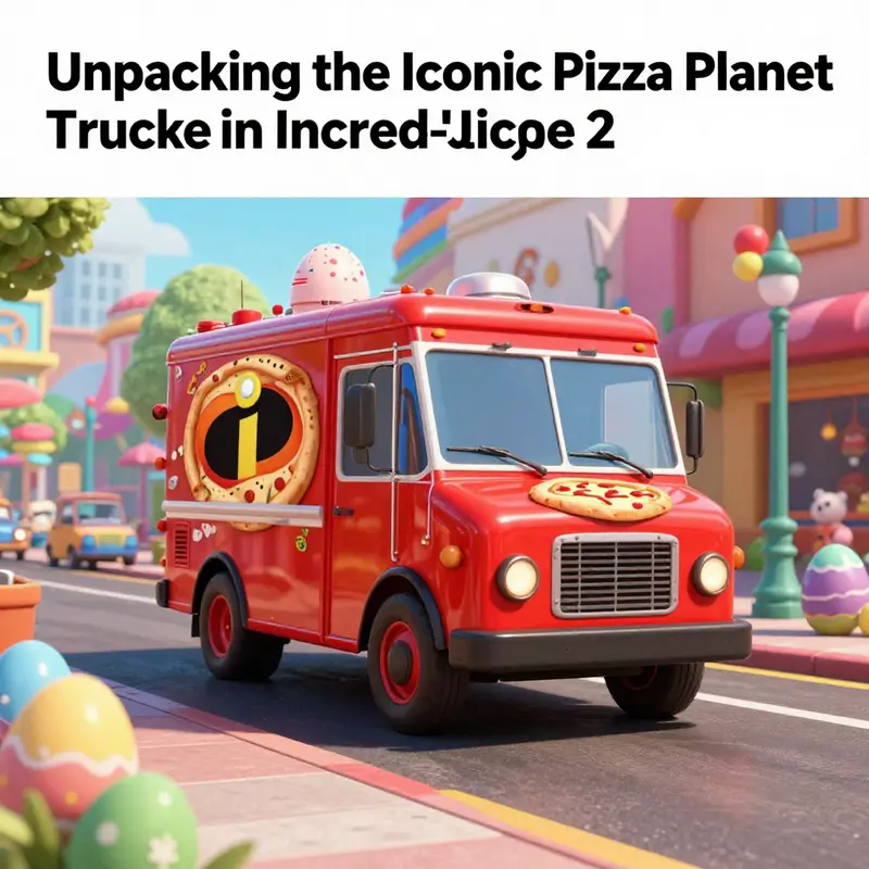 A colorful depiction of the Pizza Planet Truck driving through a vibrant animated landscape, representing its place in Pixar lore.