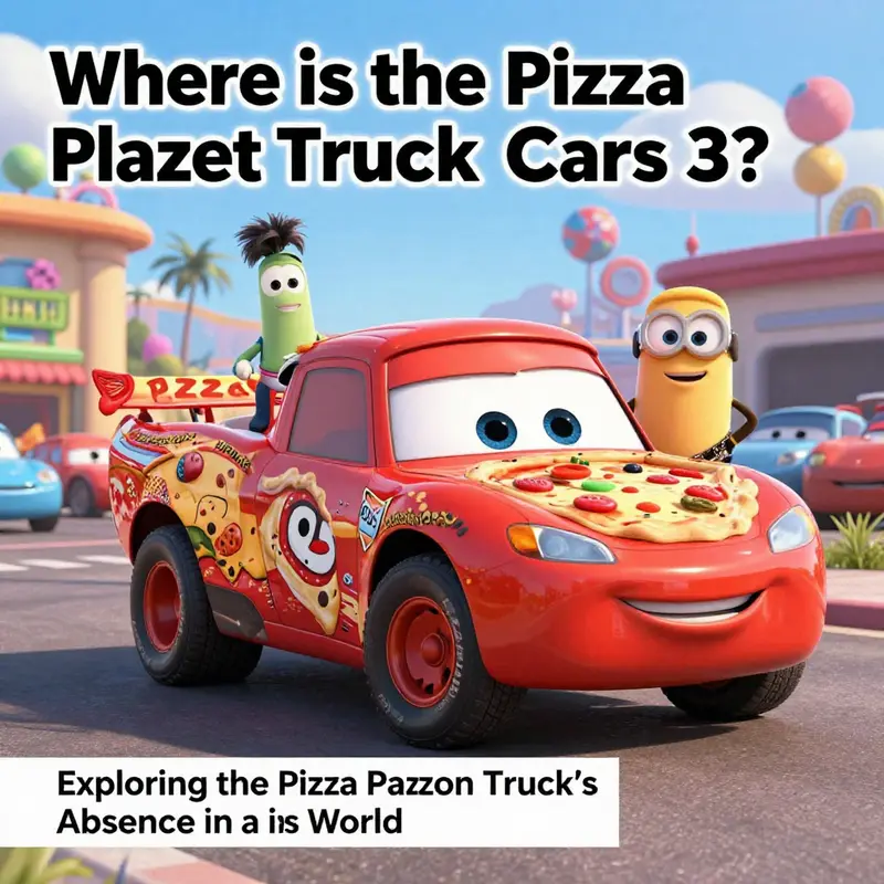 A colorful depiction of the Pizza Planet Truck with various Pixar characters, capturing the essence of nostalgia in animation.