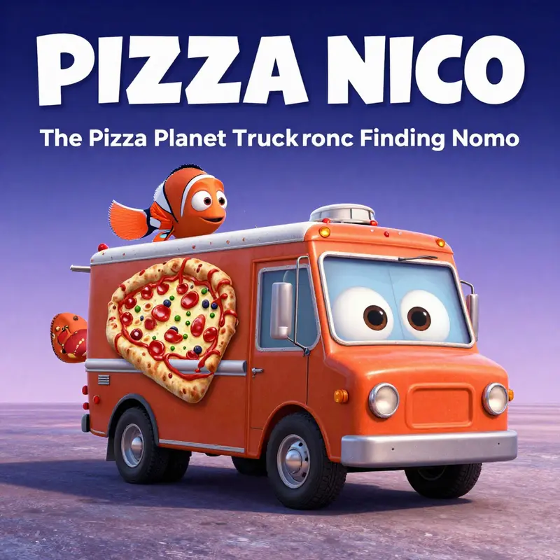 An artistic representation of the Pizza Planet Truck appearing across multiple Pixar films, highlighting its role as a connective element in storytelling.
