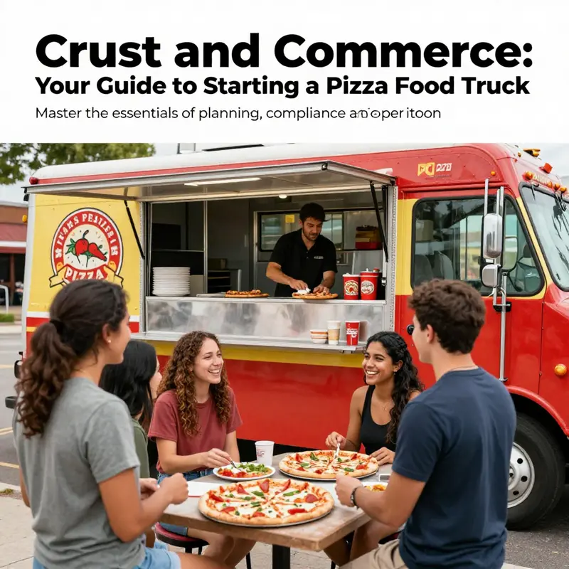 A lively pizza food truck scene filled with customers enjoying fresh pizza.