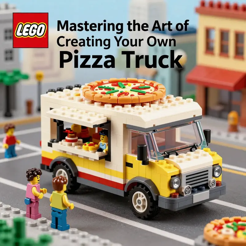 A lively LEGO pizza truck parked amidst a bustling city, with details showcasing the joyful interaction between customers and the vibrant mobile food experience.