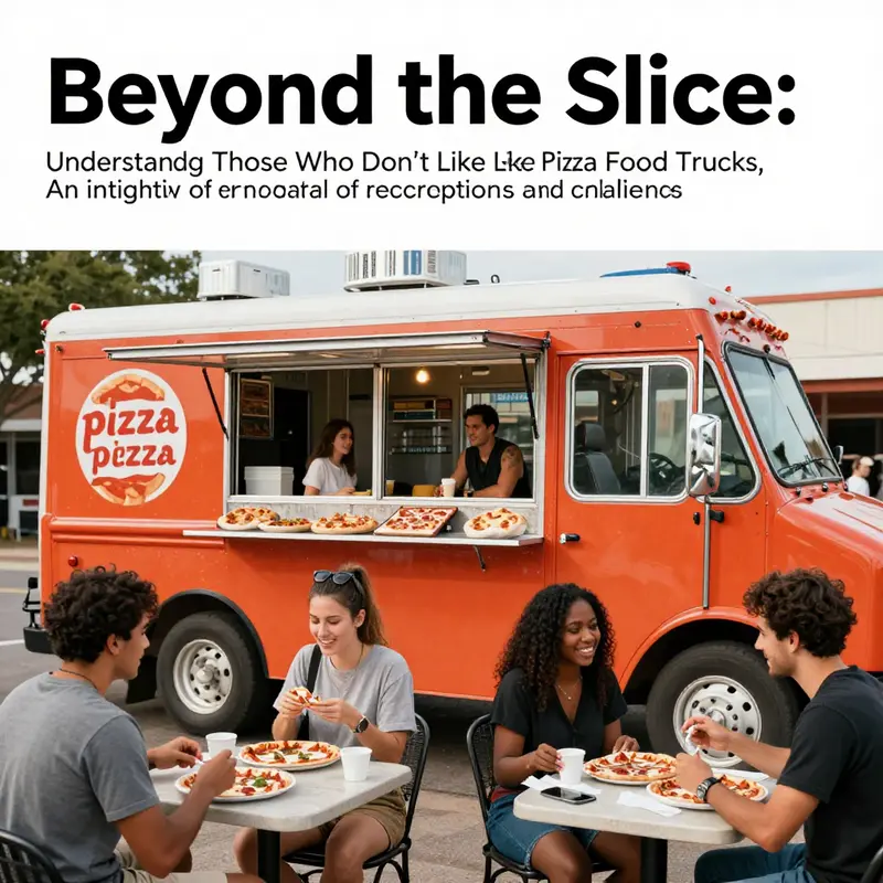 A lively representation of people from different backgrounds enjoying pizza from food trucks, highlighting community and culinary diversity.