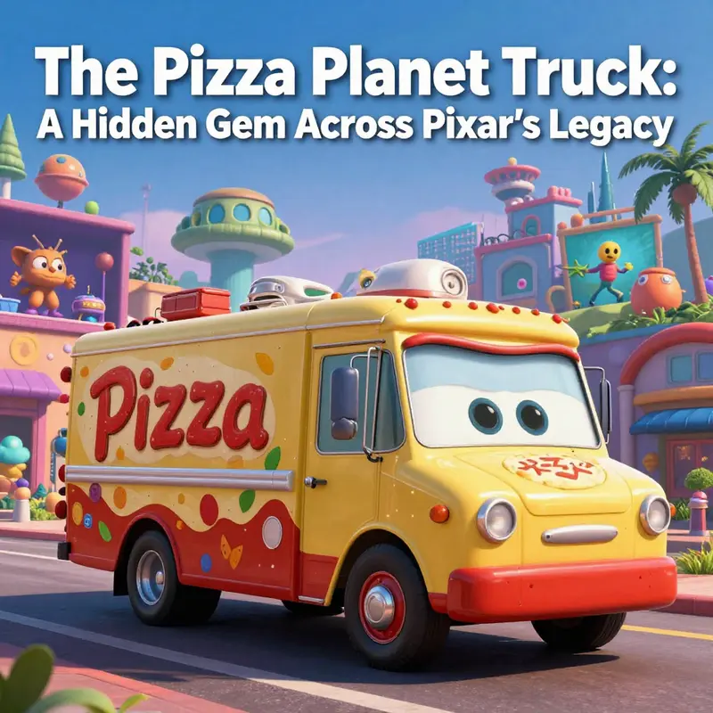 An artistic depiction of the Pizza Planet Truck among various Pixar movie scenes.