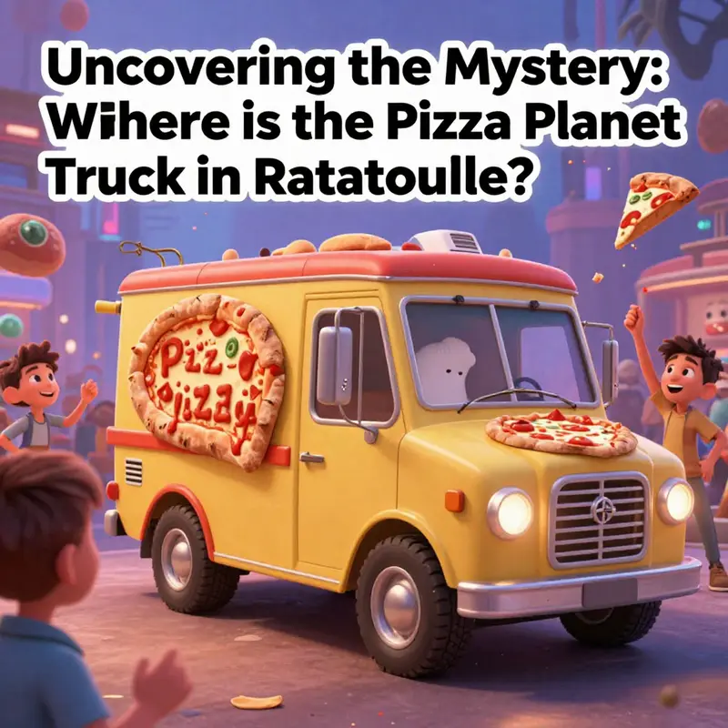 A joyful scene featuring Pixar characters celebrating, with whispering hints of the Pizza Planet Truck in the background.