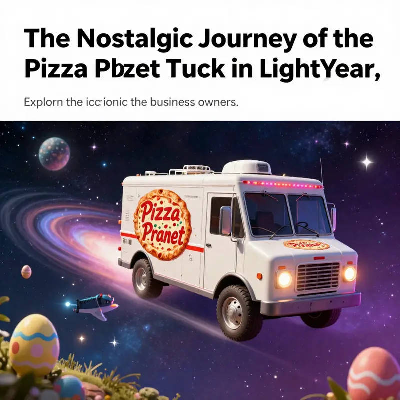 Pizza Planet truck navigating through a colorful cosmic landscape.