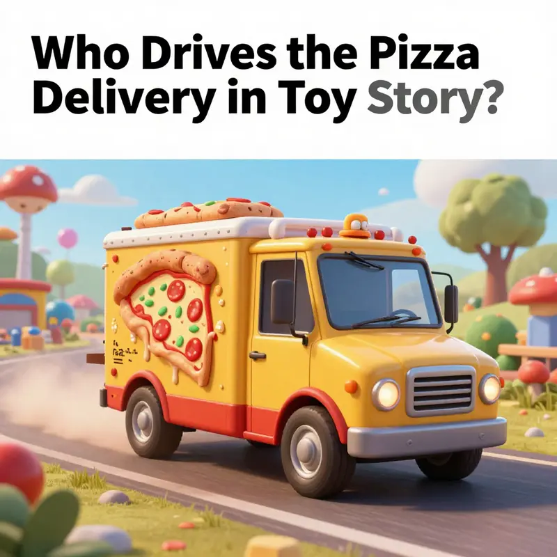 The Pizza Planet truck racing through a colorful, imaginative landscape filled with various toys from Toy Story.