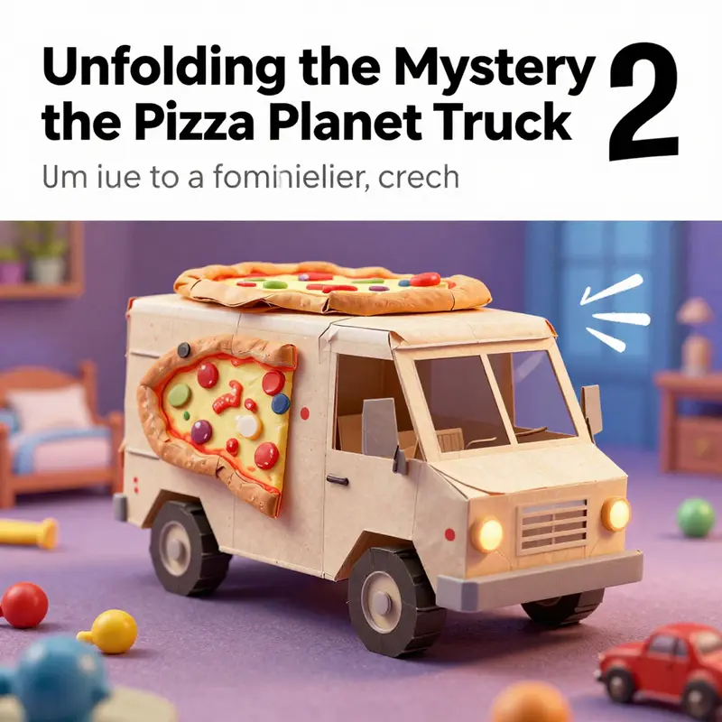 Vivid scene of an origami Pizza Planet truck on a child's nightstand surrounded by colorful toys and books.