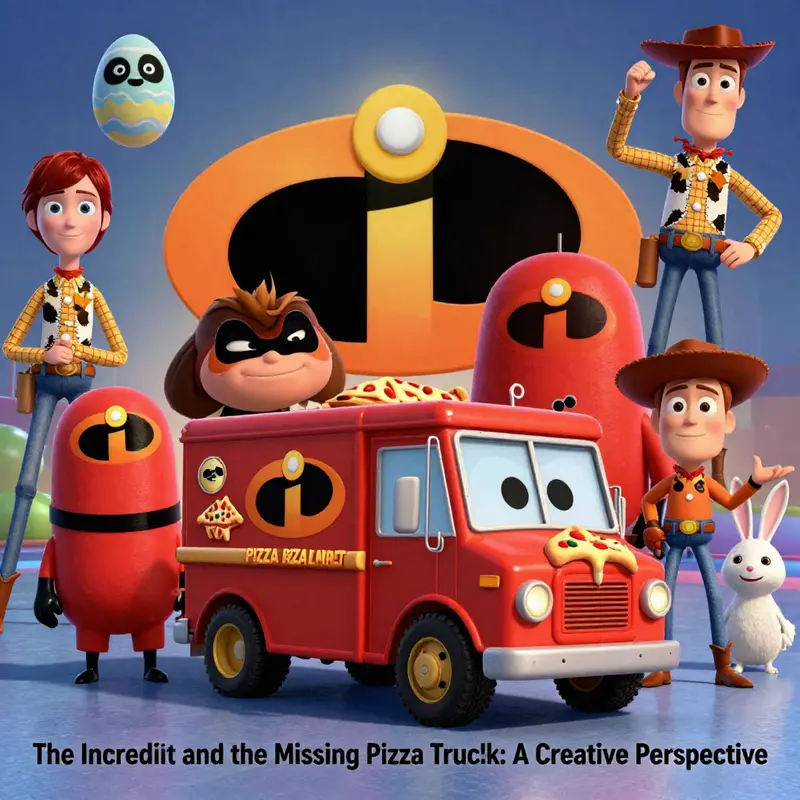 An artistic depiction of Pixar worlds blending The Incredibles and Toy Story, with iconic characters and the Pizza Planet Truck.