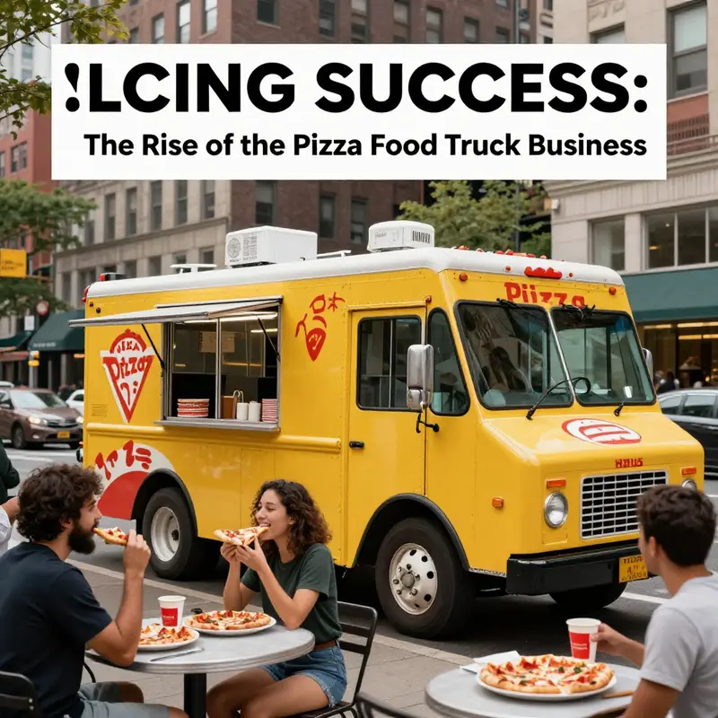 A colorful pizza food truck with customers enjoying their food in a vibrant urban area.