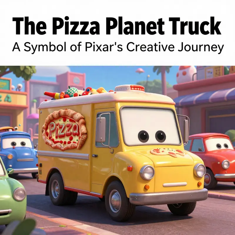 An animated scene featuring the Pizza Planet truck and other Pixar vehicles in a lively setting.