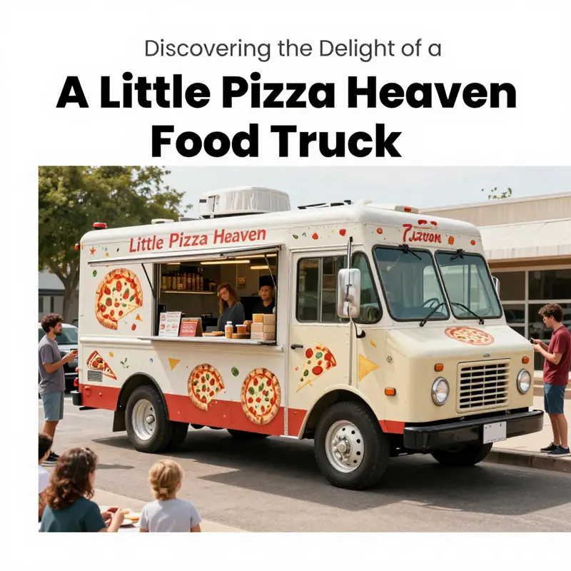 A colorful illustration of a food truck named 'A Little Pizza Heaven' with customers happily surrounding it.