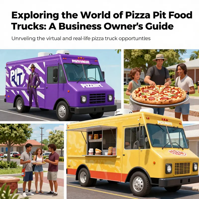 A creative visual blend of an animated Pizza Pit from Fortnite and a real pizza food truck serving happy customers.