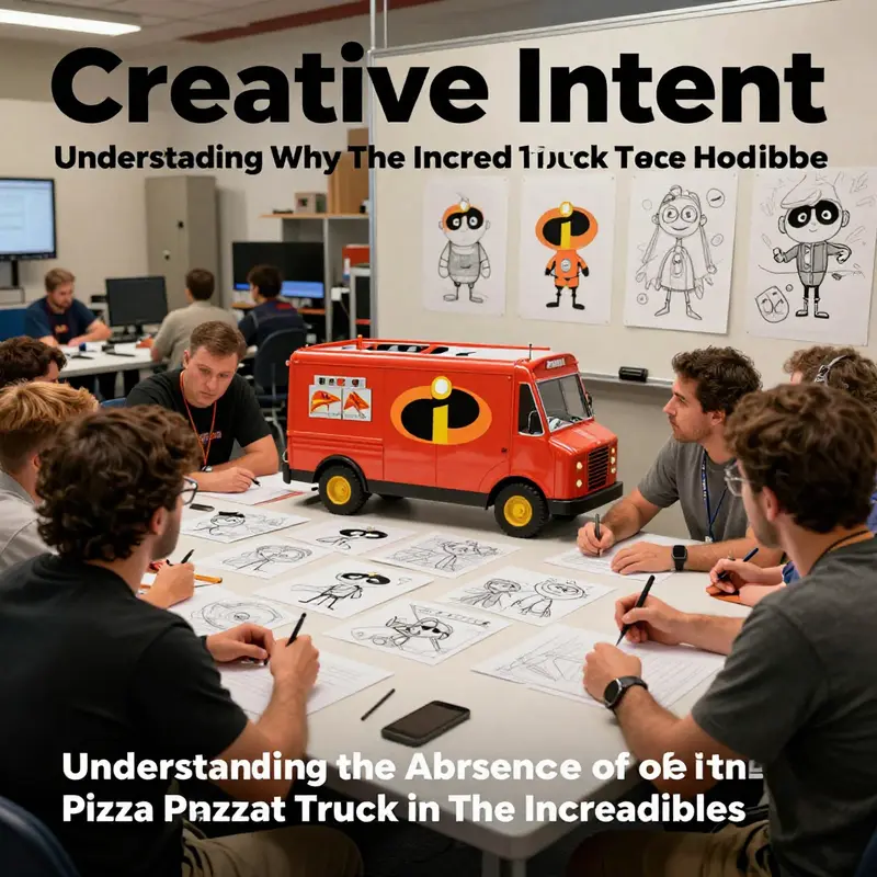 A playful representation of the Pizza Planet truck alongside iconic elements from The Incredibles, showcasing their stylistic differences.