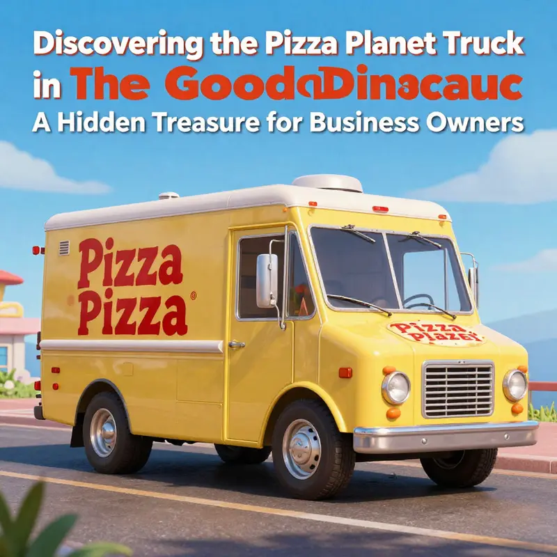 The Pizza Planet Truck subtly integrated into a stunning wilderness backdrop in *The Good Dinosaur*.