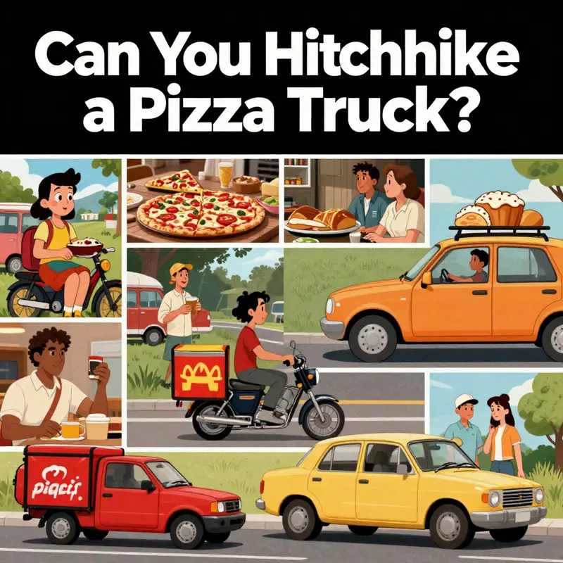 A humorous depiction of the absurdity of hitchhiking a pizza truck.