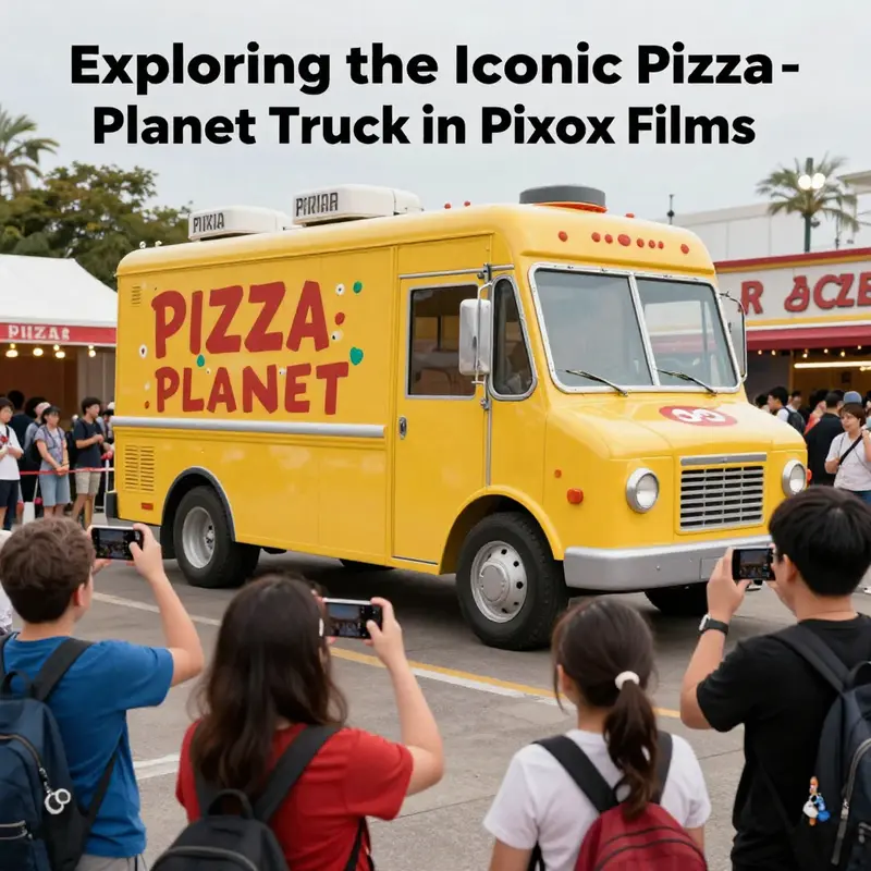 The iconic Pizza Planet truck seen traversing the colorful landscapes of various Pixar films.