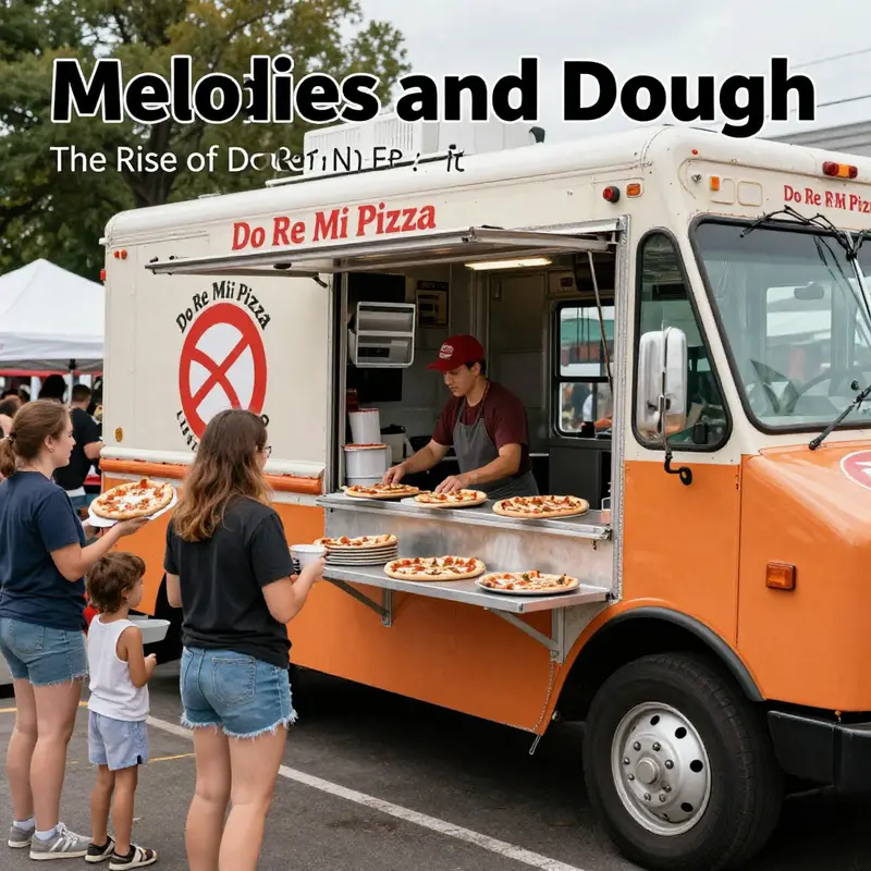 A vibrant food truck scene showcasing Do Re Mi Pizza Truck at an event, with customers happily enjoying their pizzas.