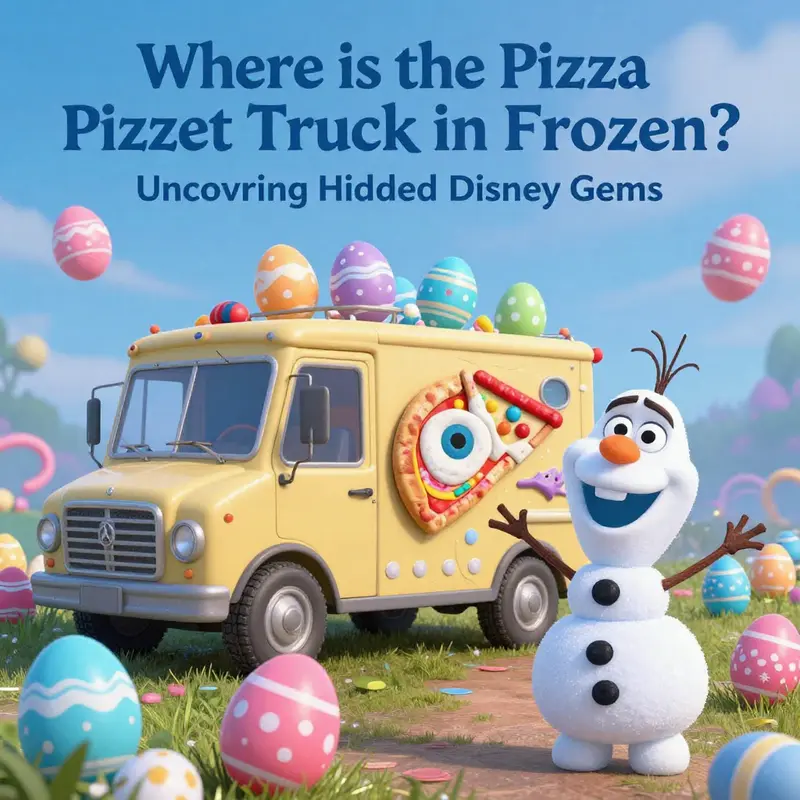 The iconic Pizza Planet truck, absent from Disney’s *Frozen*, highlighted against a Frozen movie scene.