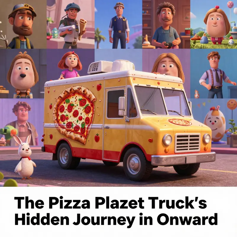 Barley driving past a toll booth, showcasing the iconic Pizza Planet Truck amidst a vibrant landscape in Onward.