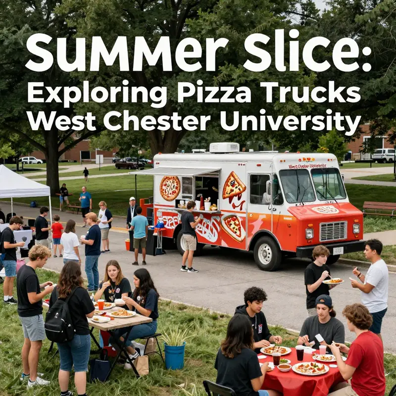 A vibrant pizza truck on West Chester University’s campus, serving students during a sunny summer day.