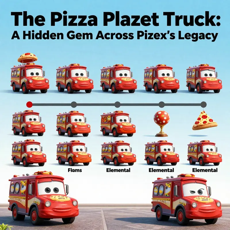 The Pizza Planet Truck featured in its various appearances across Pixar films.