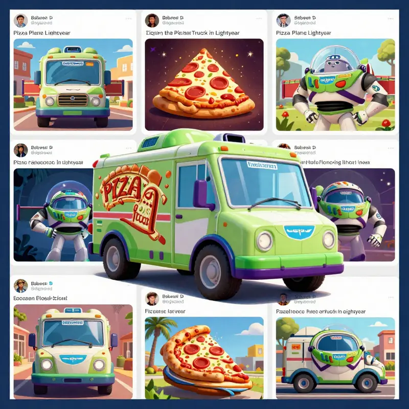 The Pizza Planet truck parked at the Space Ranger Base on Torrance, showcasing its vibrant setting.