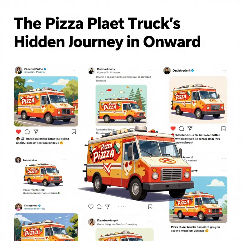 Barley driving past a toll booth, showcasing the iconic Pizza Planet Truck amidst a vibrant landscape in Onward.