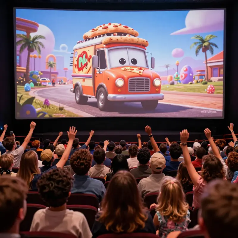 The iconic Pizza Planet truck seen traversing the colorful landscapes of various Pixar films.