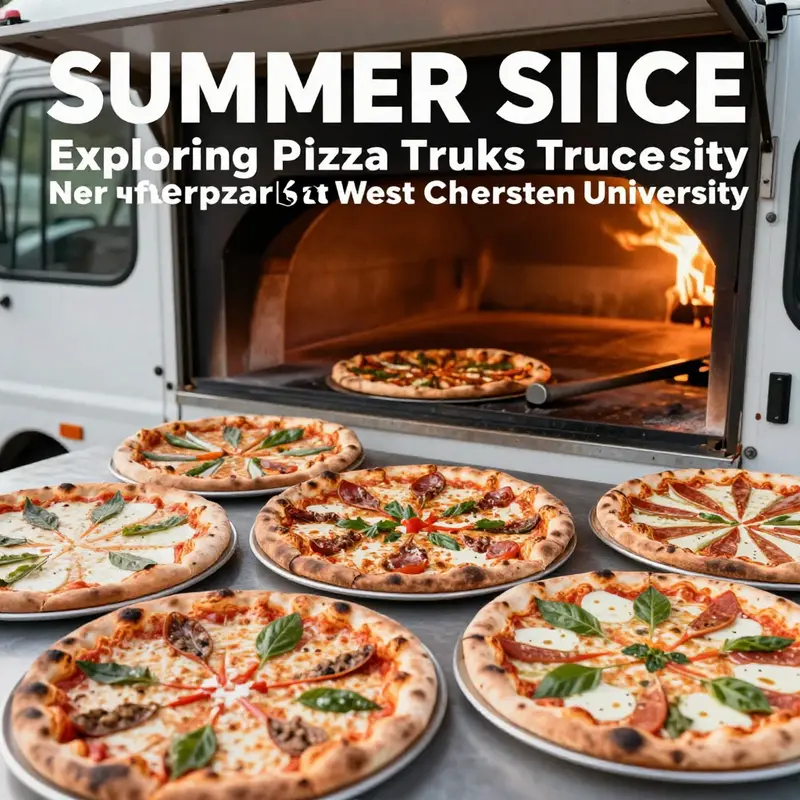 A vibrant pizza truck on West Chester University’s campus, serving students during a sunny summer day.