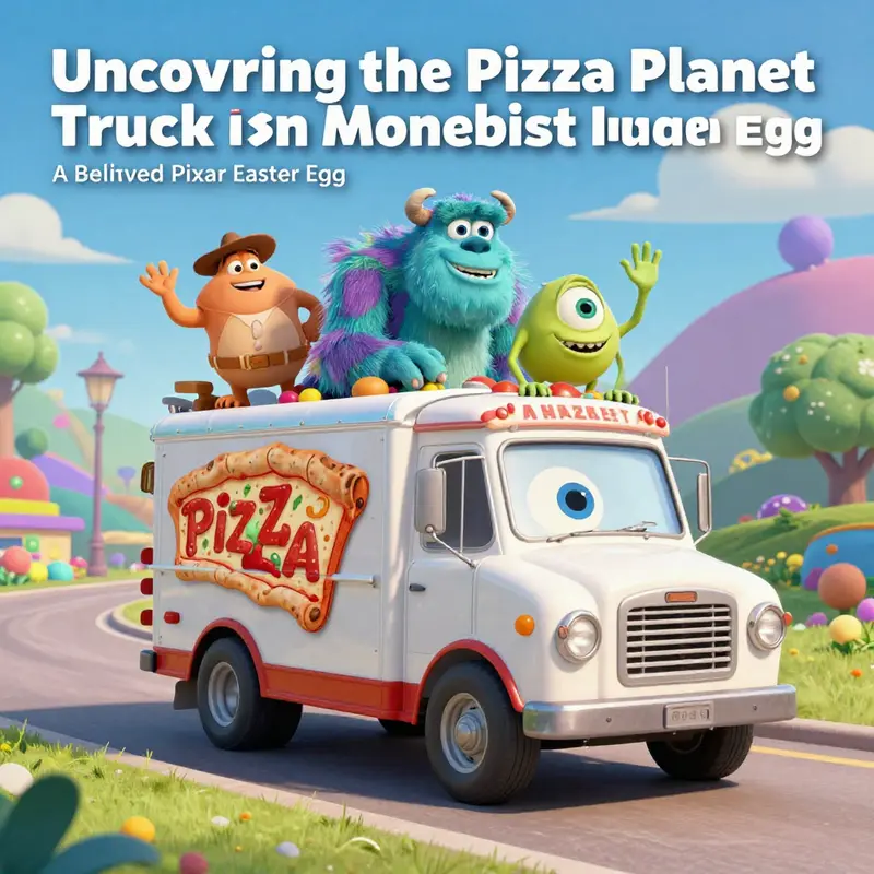 The iconic Pizza Planet Truck driving through a colorful Pixar setting with characters celebrating.