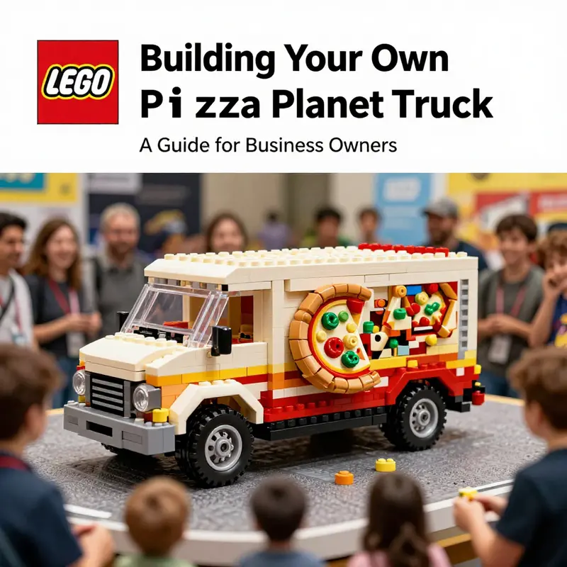 A vibrant LEGO Pizza Planet Truck at a business event surrounded by attendees.