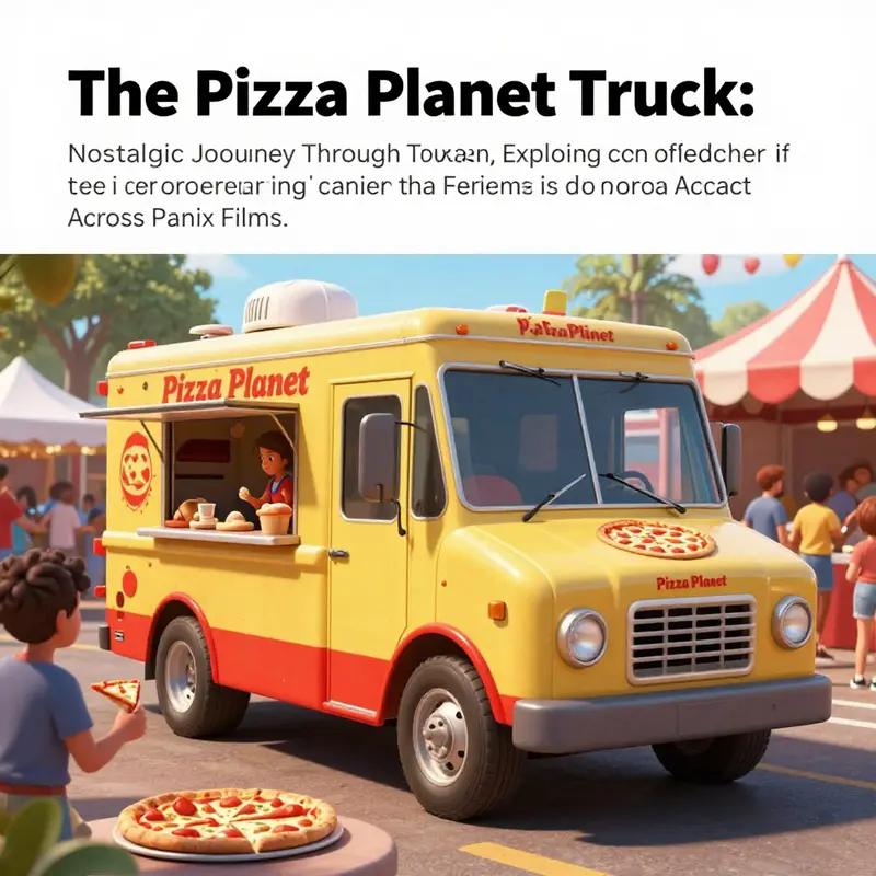 The Pizza Planet Truck serving pizza at a lively food festival, filled with happy customers enjoying the experience.