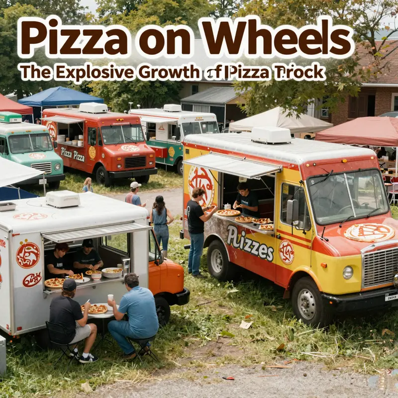 A vibrant food truck festival showcasing various pizza trucks with enthusiastic attendees.