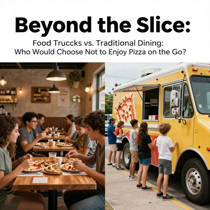 A vibrant gathering around a busy pizza food truck, illustrating mixed reactions from the crowd.
