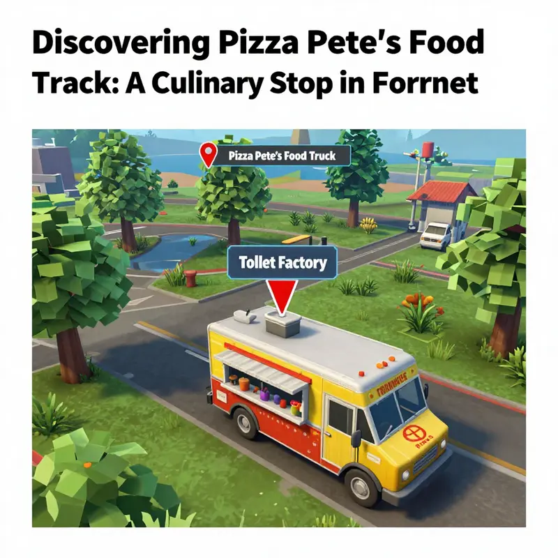 The pinpointed location of Pizza Pete’s Food Truck along the main road east of Toilet Factory in Fortnite.