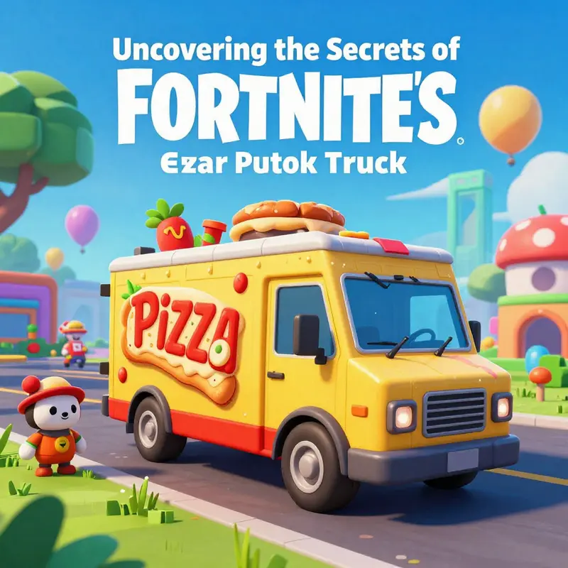 A colorful Fortnite scene featuring Pizza Pete's Food Truck and players enjoying the game.