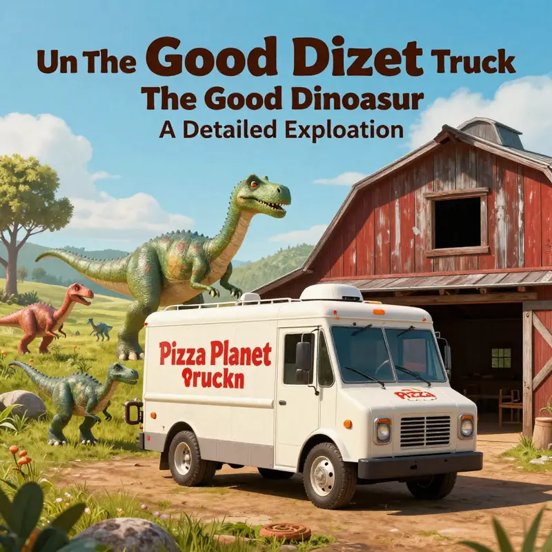 The Pizza Planet Truck nestled next to a barn in the vibrant world of The Good Dinosaur.