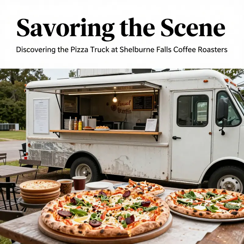A lively pizza truck scene at Shelburne Falls Coffee Roasters, showcasing the local food culture.