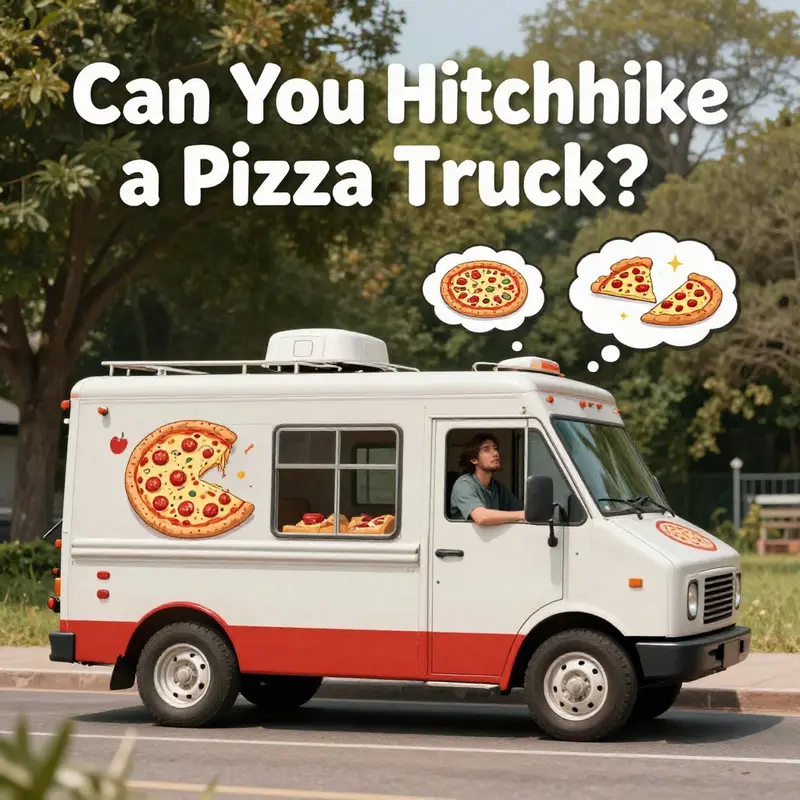 A humorous depiction of the absurdity of hitchhiking a pizza truck.