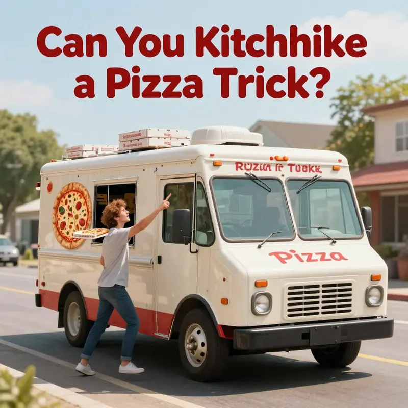 A humorous depiction of the absurdity of hitchhiking a pizza truck.