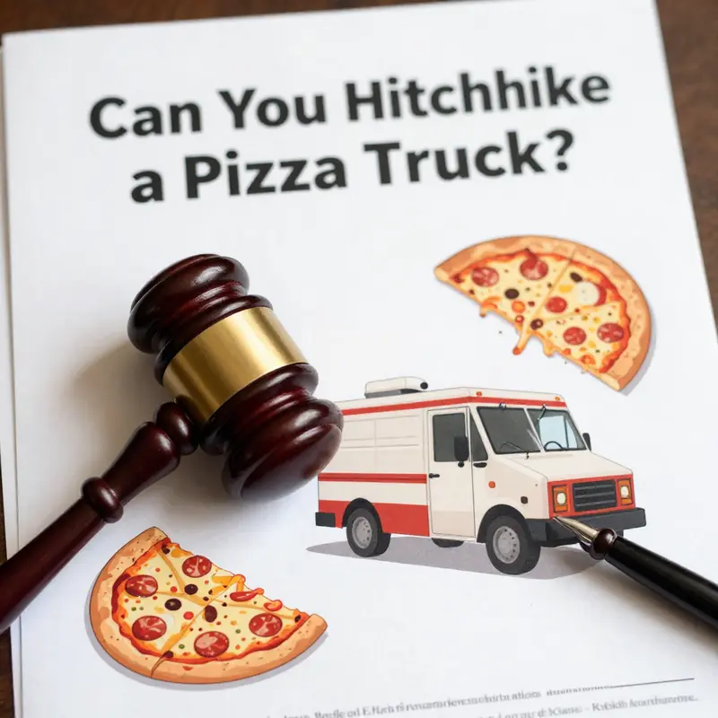 A humorous depiction of the absurdity of hitchhiking a pizza truck.