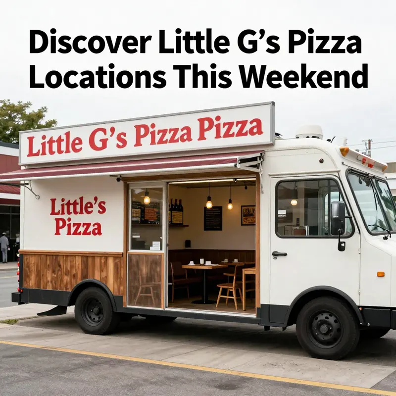 Little G’s Pizza Truck servicing customers in a vibrant city scene, showcasing its availability this weekend.