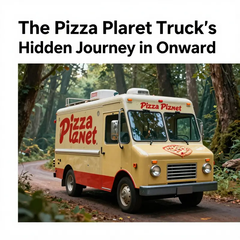 Barley driving past a toll booth, showcasing the iconic Pizza Planet Truck amidst a vibrant landscape in Onward.